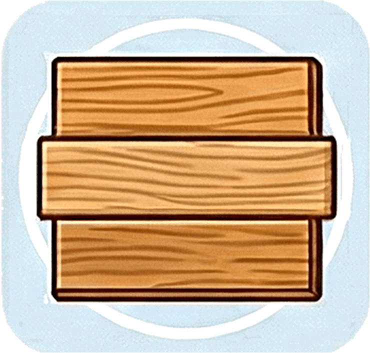 Cartoon-style icon of three wooden planks stacked horizontally on a light blue background with a white circle.