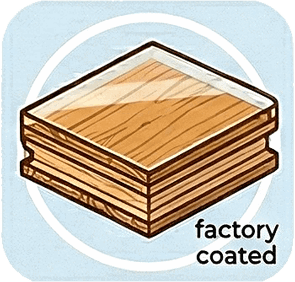 Illustration of a wooden board with a glossy coating, labeled "factory coated" on a blue background.