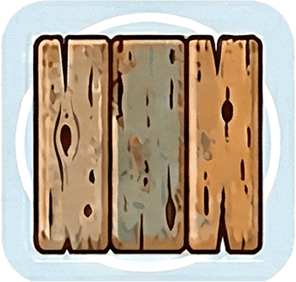 The word "MOM" spelled in large, textured wooden letters on a light blue background.