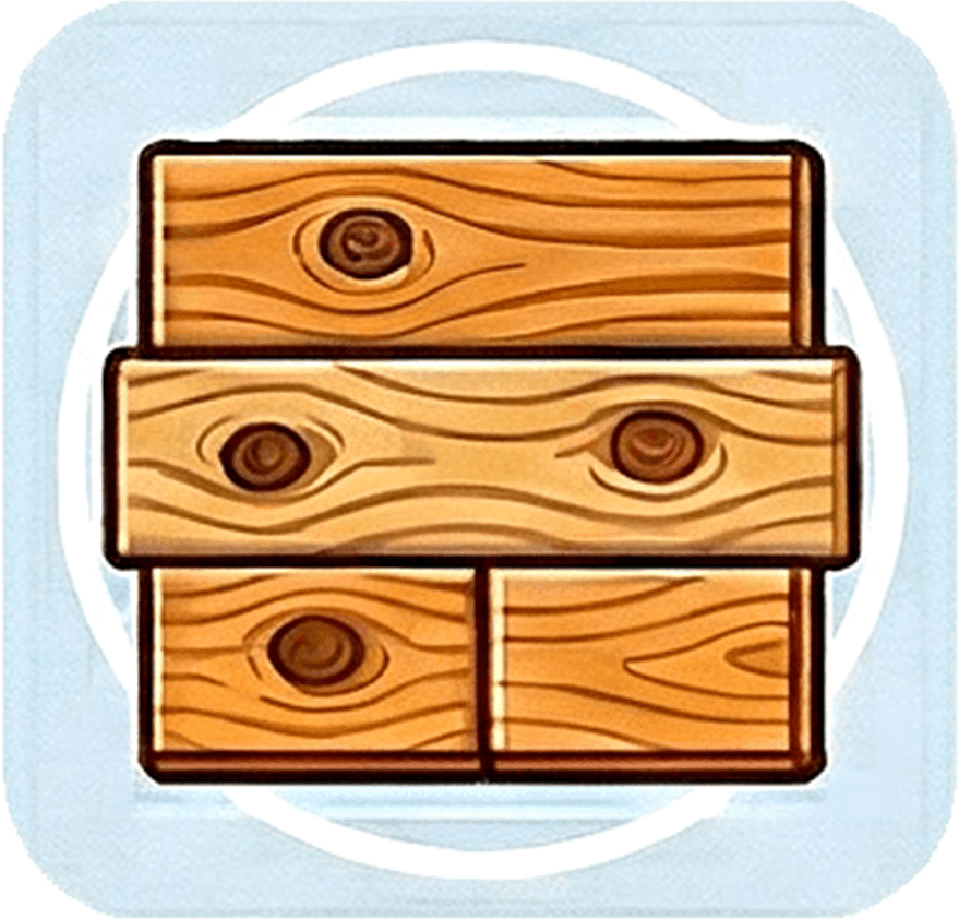 Three cartoon wooden planks stacked horizontally with visible wood grain and knots on a light blue background.