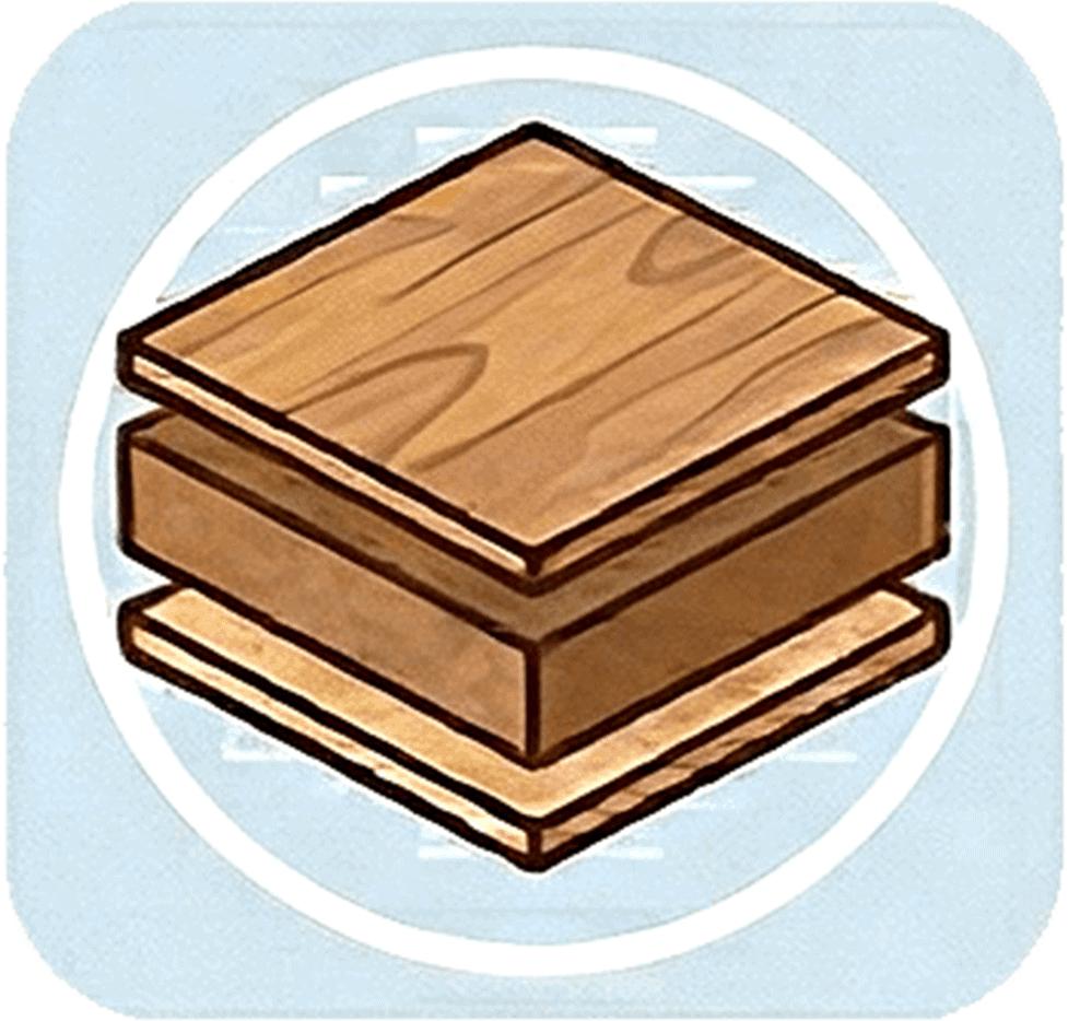 Three stacked wooden planks with a white circle behind them on a light blue background.