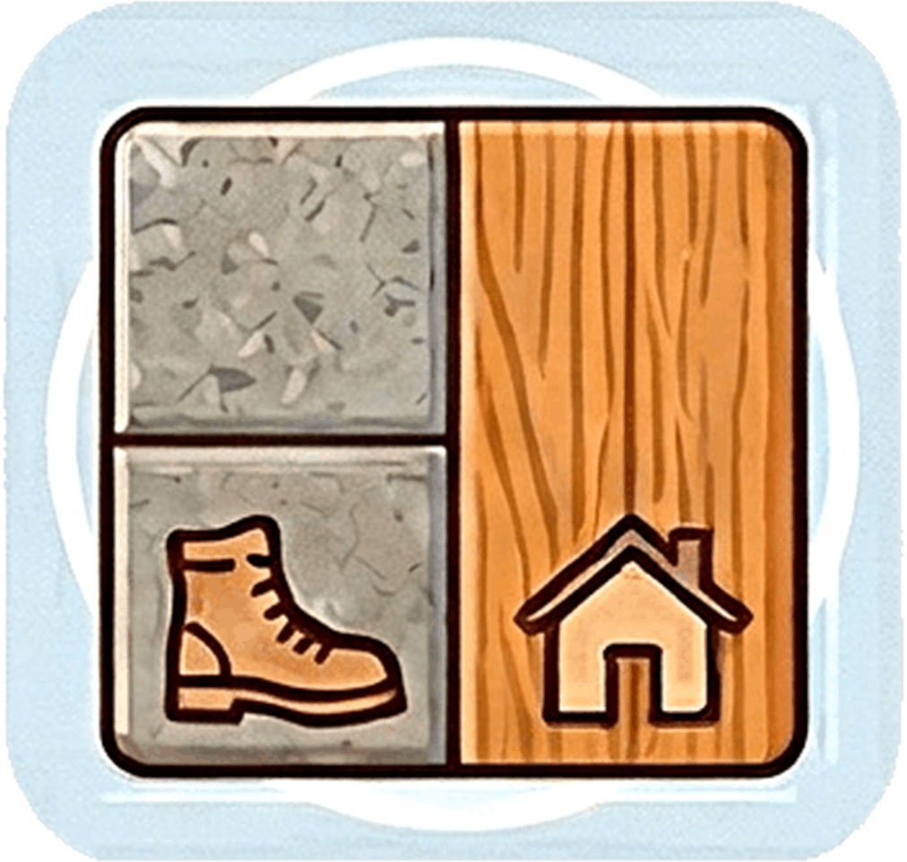 A square divided into stone with a boot icon and wood with a house icon, symbolizing indoors and outdoors.