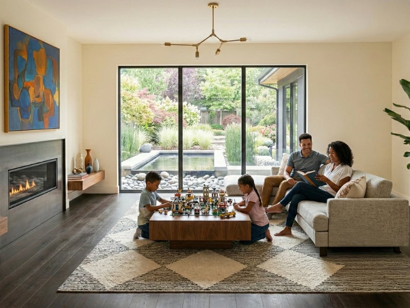 A family sits in a modern living room; kids play on the floor while parents relax on the couch near large windows.