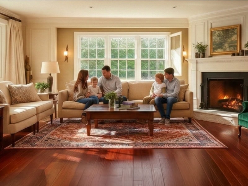 A family of five sits together on sofas in a cozy living room with a fireplace and large windows.