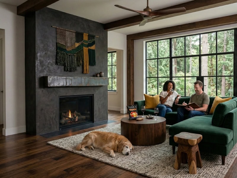 A couple sits on a green sofa with a dog lying on the rug in a cozy living room with large windows.