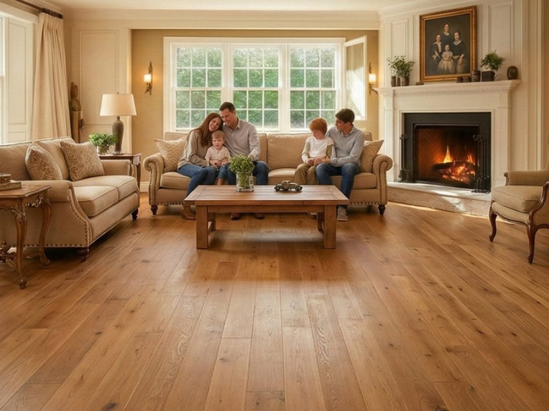 Family sitting on a sofa in a cozy living room with wood floors, a fireplace, and large windows.