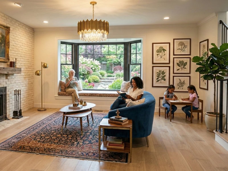 A family relaxes in a bright living room with large windows, reading and drawing near a garden view.