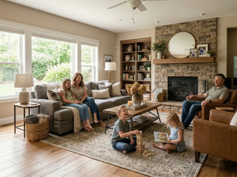 A family of four relaxes and plays together in a cozy, sunlit living room with a fireplace.