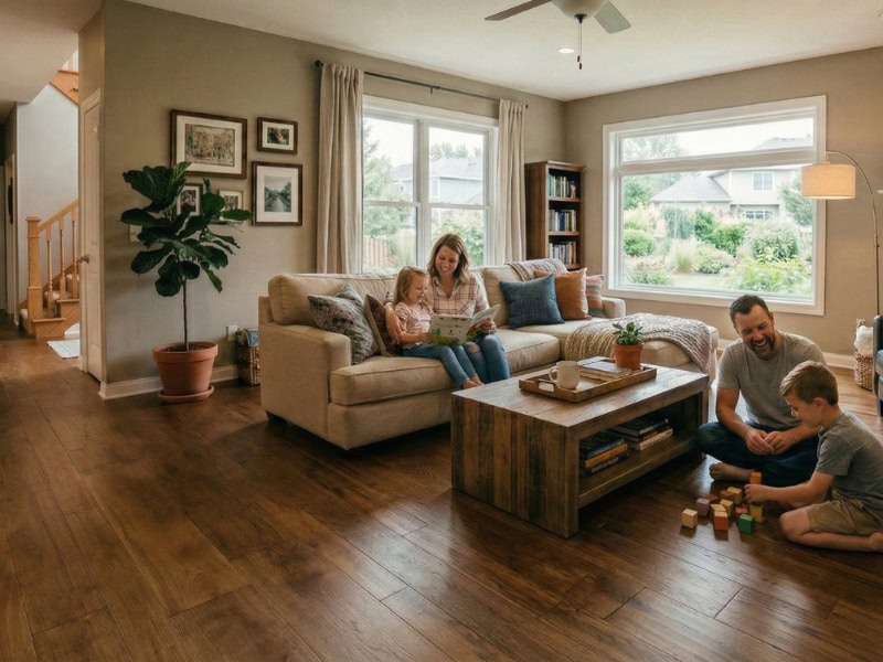 A family spends time together in a cozy living room with large windows and wooden floors.