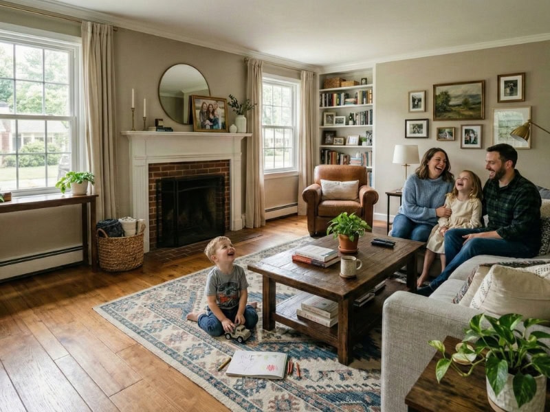 A family of four smiles and laughs together in a cozy, sunlit living room with a fireplace and bookshelves.