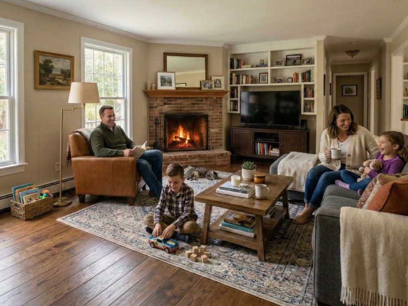 A family spends time together in a cozy living room with a fireplace and toys on the floor.