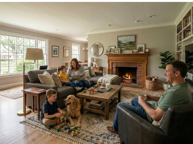 A family with two kids and a dog spend time together in a cozy living room by the fireplace.