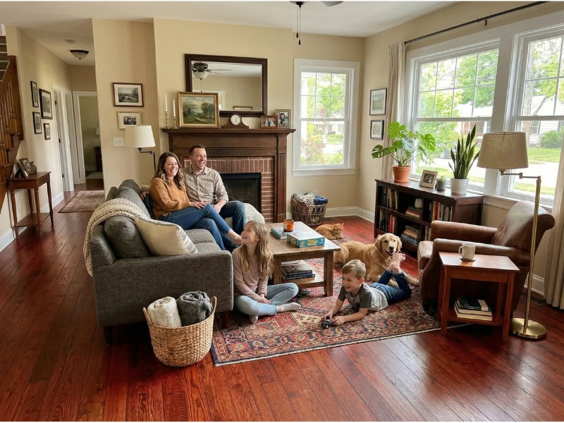 A family of four and a golden retriever relax together in a cozy living room with large windows and hardwood floors.