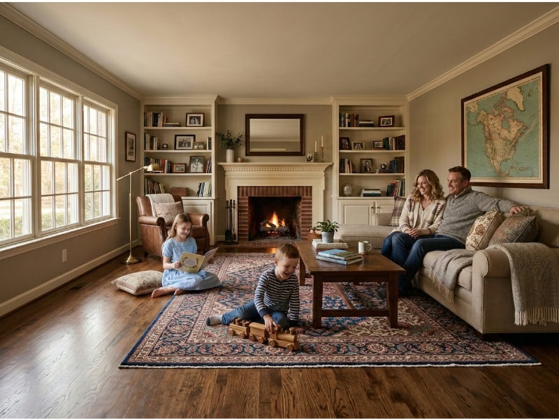 A family of four relaxes in a cozy living room; kids play on the floor while parents sit on the couch.