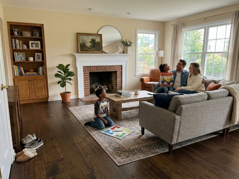 A family sits on a sofa in a bright living room while a child plays with a board game on the floor.