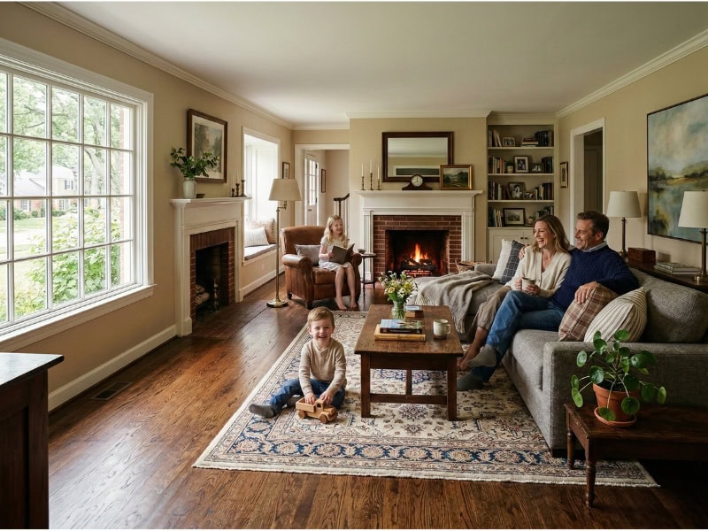 A family relaxes together in a cozy living room with a fireplace and large window.