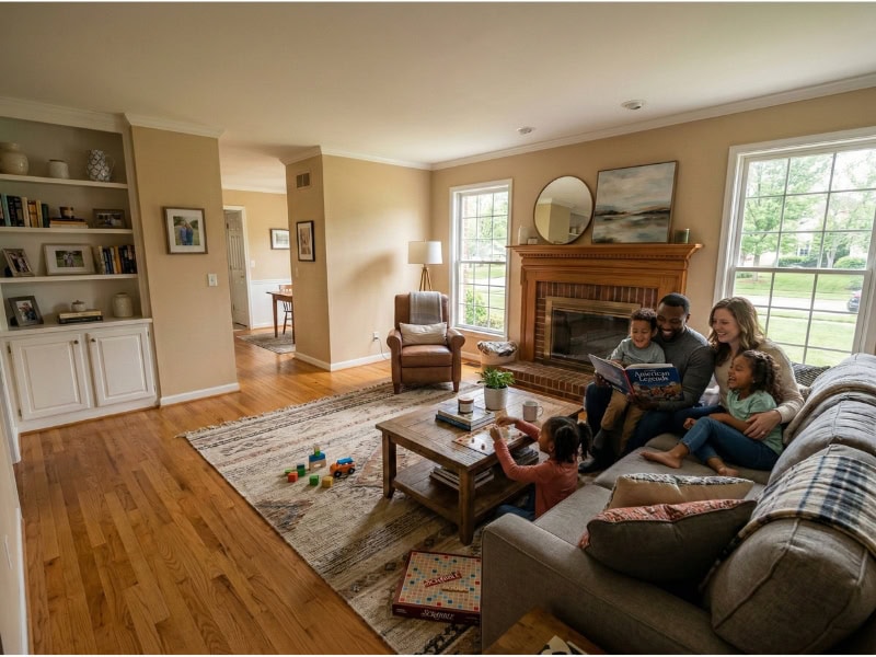A family of five sits on a couch in a cozy living room, reading and playing games together.