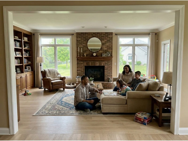 A family of four plays a board game together in a bright living room with large windows and a brick fireplace.