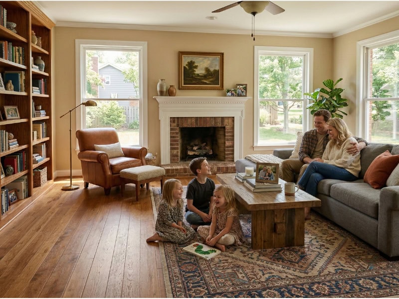 A family of five sits and plays together in a bright, cozy living room with large windows and a fireplace.