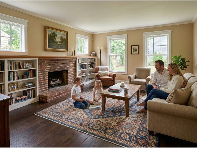 A family of four sits and talks in a cozy living room with a fireplace, bookshelves, and large windows.