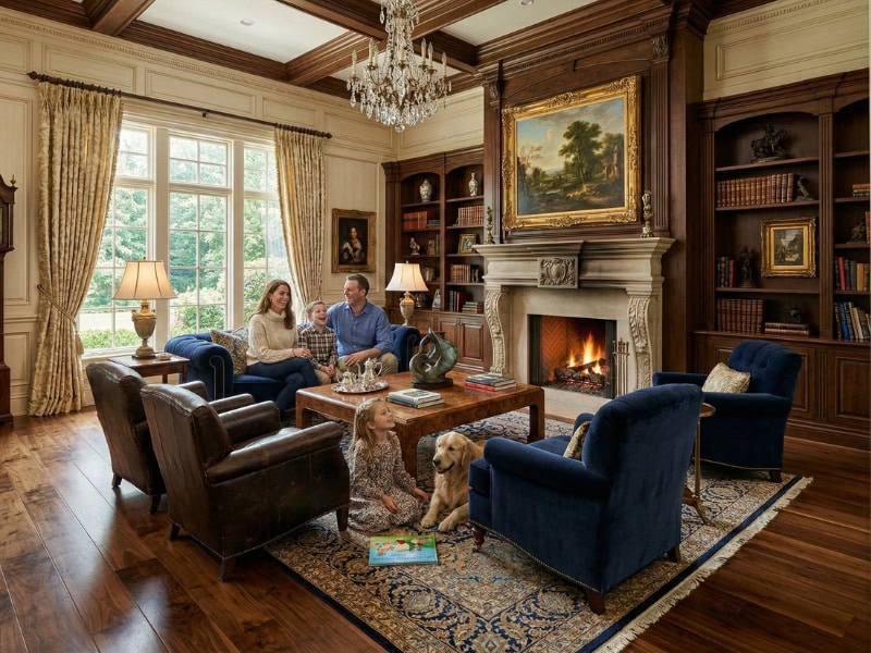 A family sits by a fireplace in a cozy, elegant living room with a dog and a young girl on the rug.