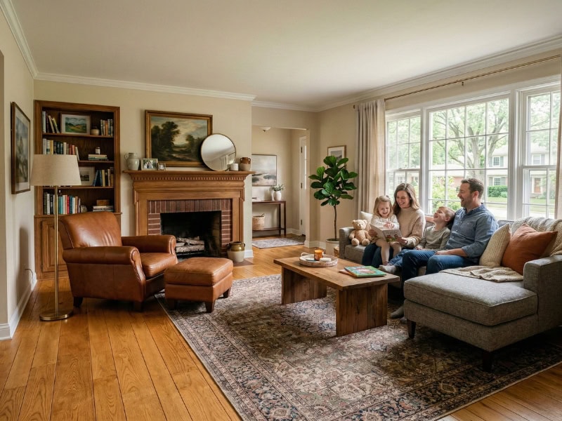 A family of four sits on a sofa in a cozy living room with a fireplace and large window.