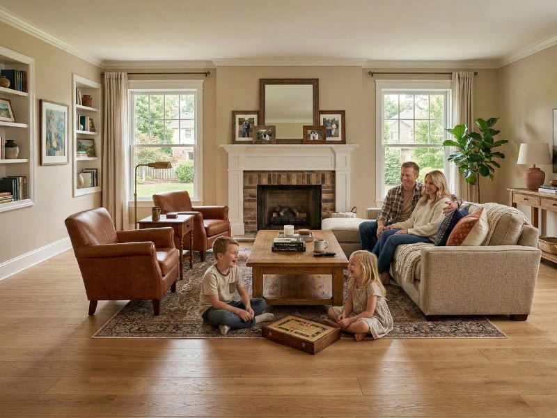 A family sits on a couch while two kids play a board game on the rug in a cozy, well-lit living room.