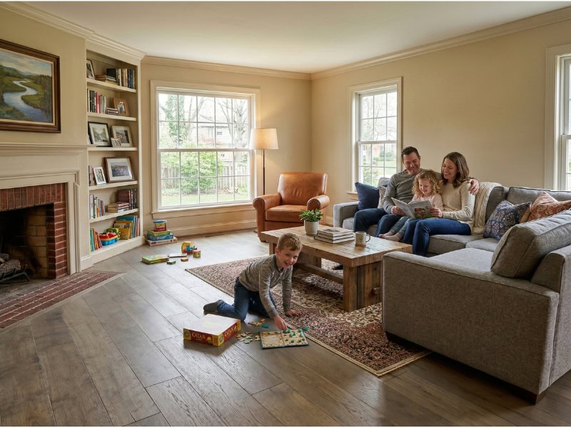 Family of four relaxing in a cozy living room; child playing on the floor, others sitting on a gray sofa.