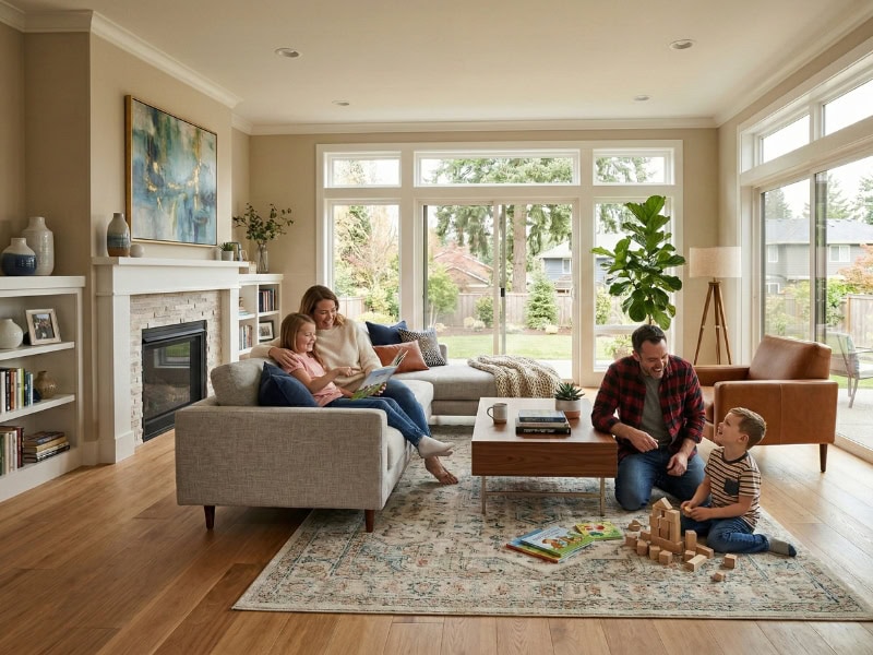 Family of four spending time together in a bright living room; parents and kids reading and playing with blocks.