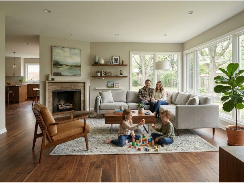 A family of four sits and plays together in a bright, modern living room with large windows and wooden floors.