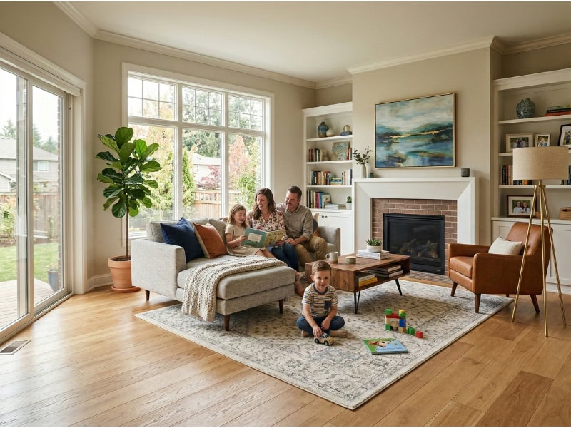A family of four relaxes in a bright, modern living room with large windows and cozy decor.