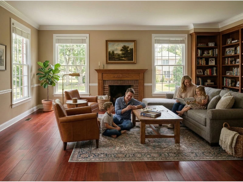 Two women and two children play a board game together in a cozy, sunlit living room with wooden floors.