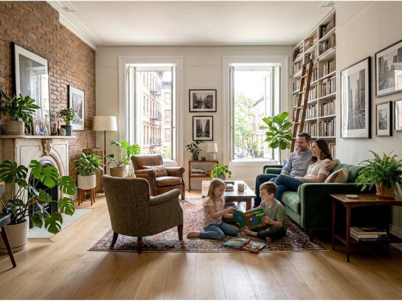 A family sits in a cozy, sunlit living room with bookshelves, plants, and large windows.