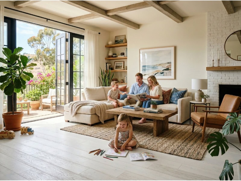 A family reads on a sofa in a bright living room, while a young girl colors on the floor with crayons.