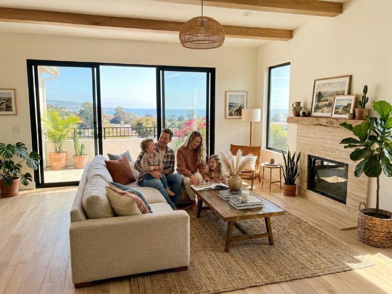 A family of four sits on a sofa in a bright, modern living room with large windows and a scenic view.