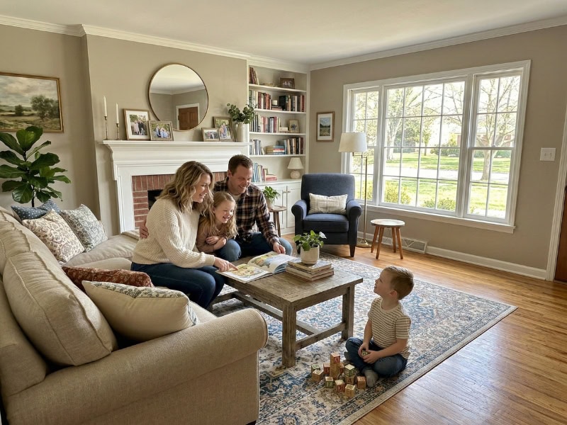 A family of four reads together in a cozy, sunlit living room with large windows and neutral decor.