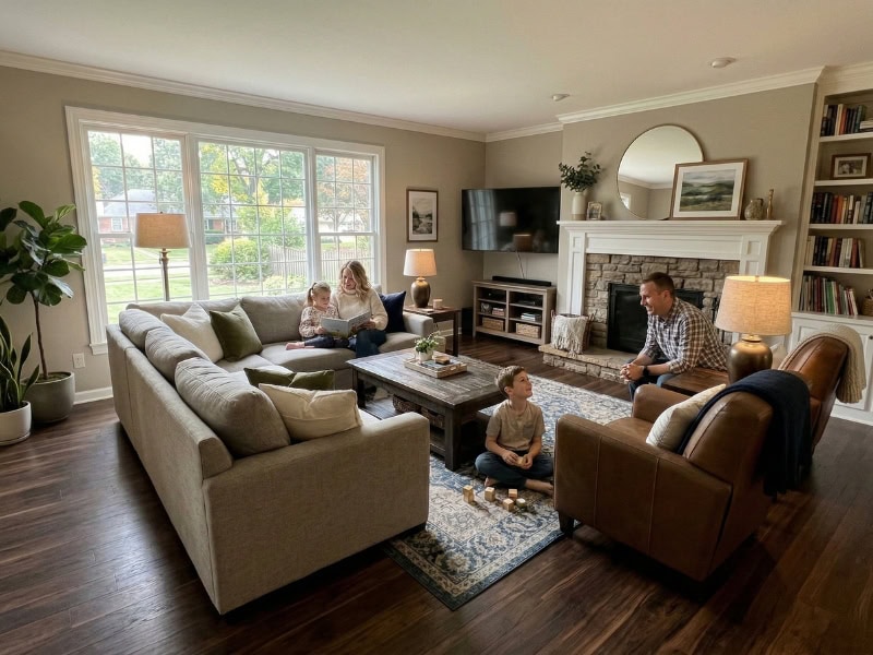 A family of four relaxes and plays in a bright, cozy living room with large windows and comfortable furniture.