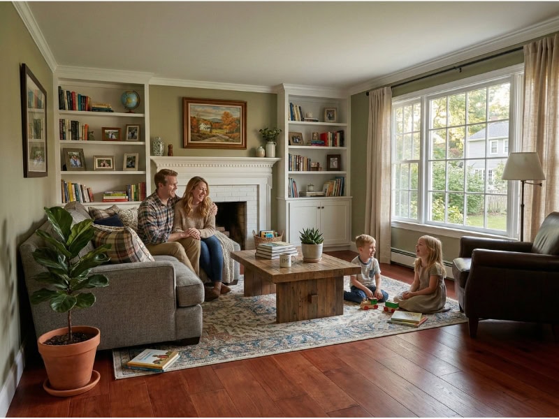 A family of four sits and plays together in a bright, cozy living room with large windows and bookshelves.