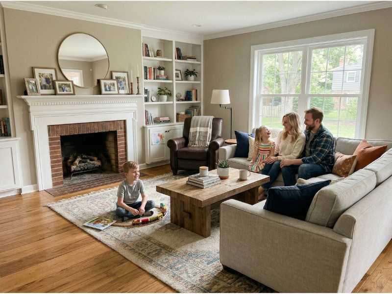 A family sits on a couch in a cozy living room while a boy plays with toys on the rug.