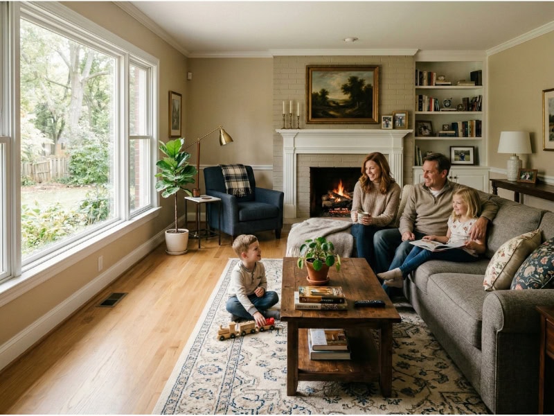A family of four relaxes in a cozy living room with a fireplace and large window overlooking the yard.