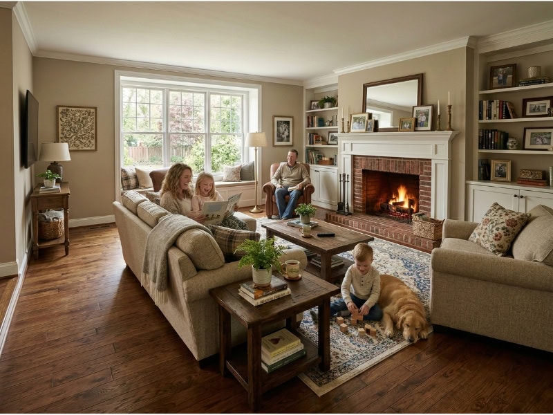 A family relaxes in a cozy living room with a fireplace, books, and a dog lying on a rug.