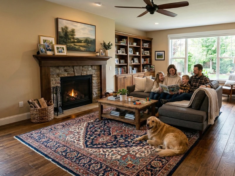 A family sits on a couch reading together in a cozy living room with a dog lying on a patterned rug.