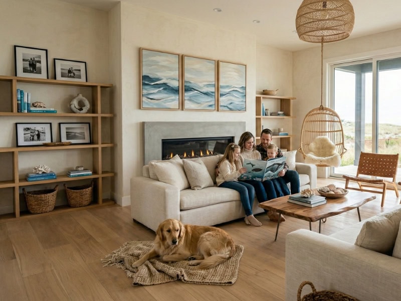 Family reading on a couch by the fireplace, with a dog lying on a rug in a bright living room.