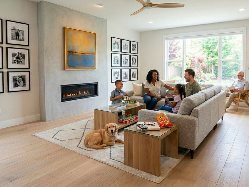 A family with two kids and a dog relax in a modern living room; an older man sits by the window.