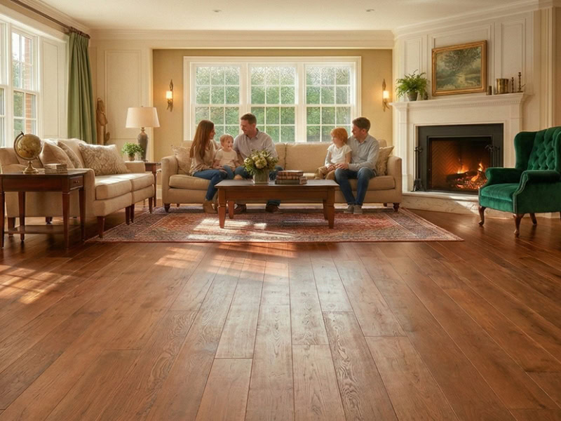 Family sitting and talking in a cozy living room with wooden floors and a lit fireplace.