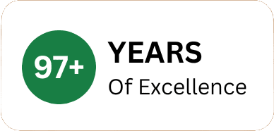 Green circle with "97+" next to text reading "YEARS Of Excellence" on a white background.