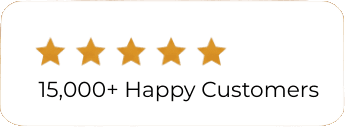 Four gold stars above the text "15,000+ Happy Customers" on a white background.