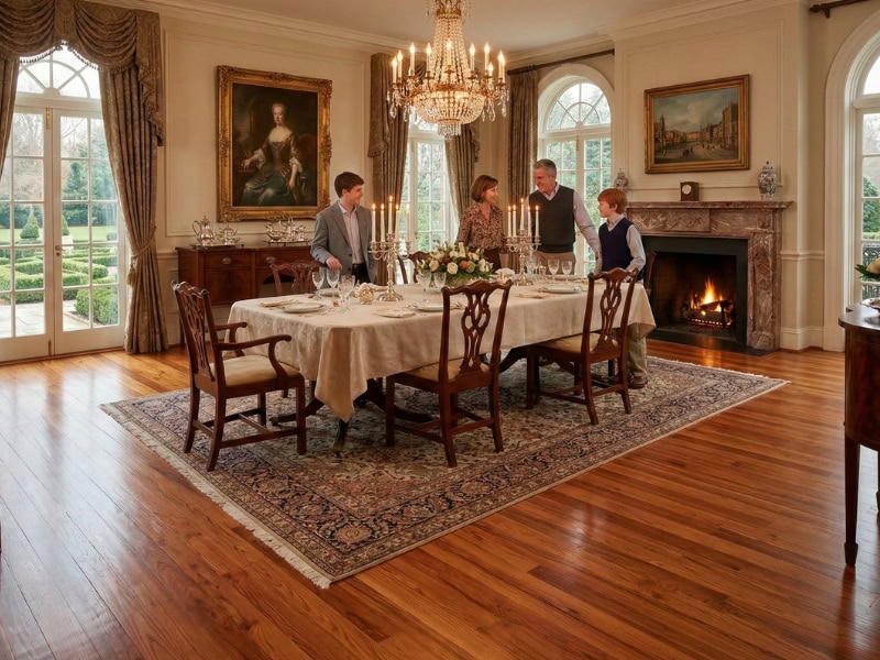 Four people stand around a formal dining table in an elegant room with a lit fireplace and large windows.