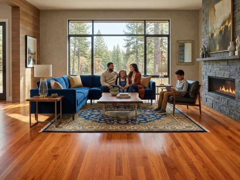 A family sits together in a cozy, modern living room with large windows, a fireplace, and wooden floors.