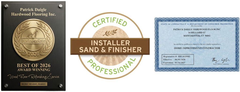 Three professional certificates and awards for Patrick Daigle Hardwood Flooring Inc., including 2026 Best of Business.